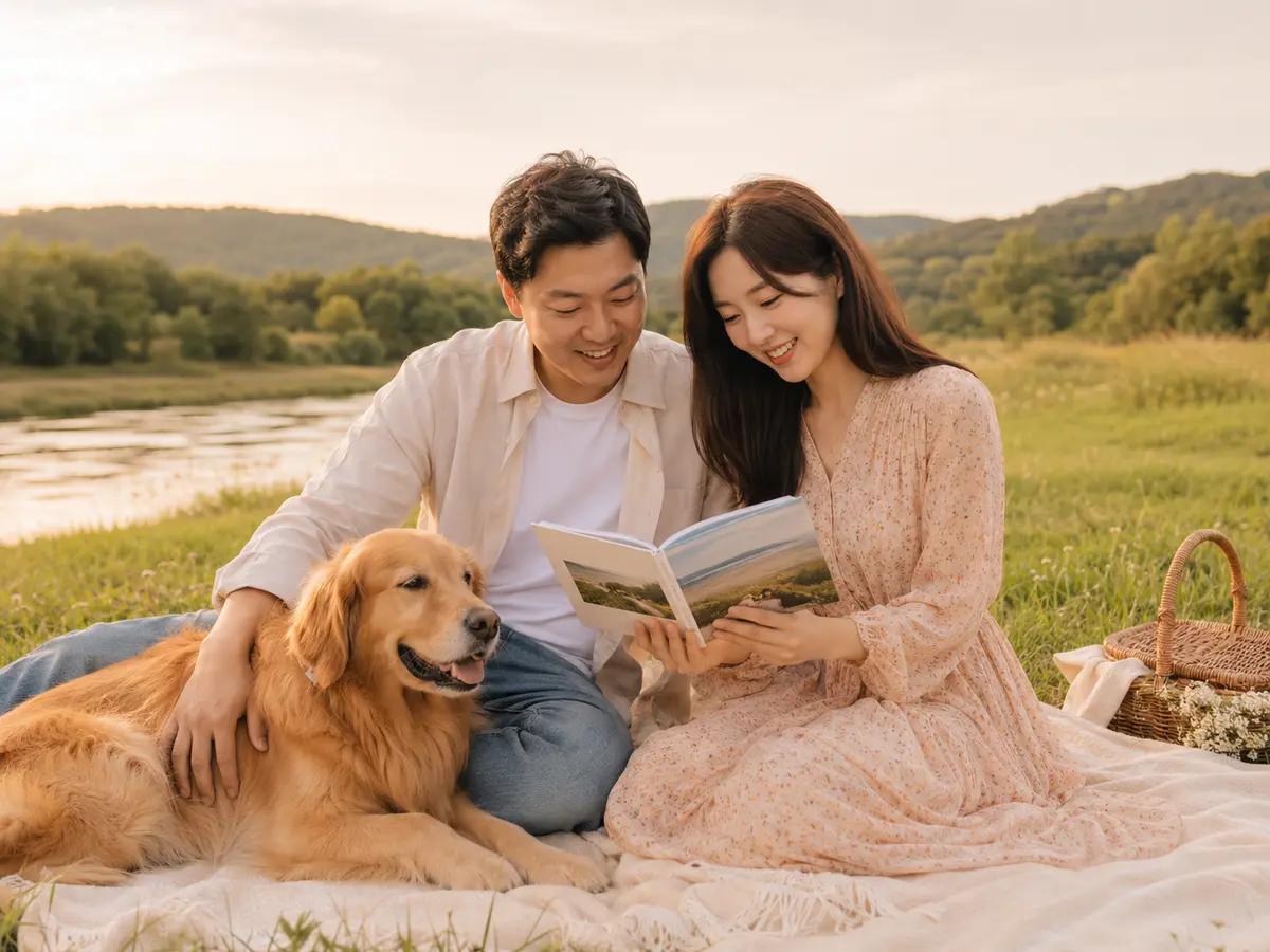 여행지에서 반려견과 사진책을 함께 보는 부부